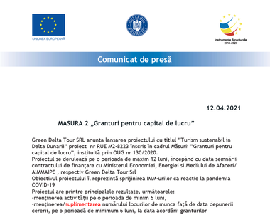 COMUNICAT DE PRESĂ: MASURA 2 „Granturi pentru capital de lucru”