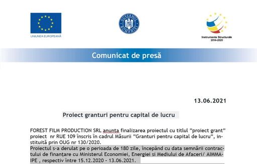 COMUNICAT DE PRESĂ: Proiect granturi pentru capital de lucru