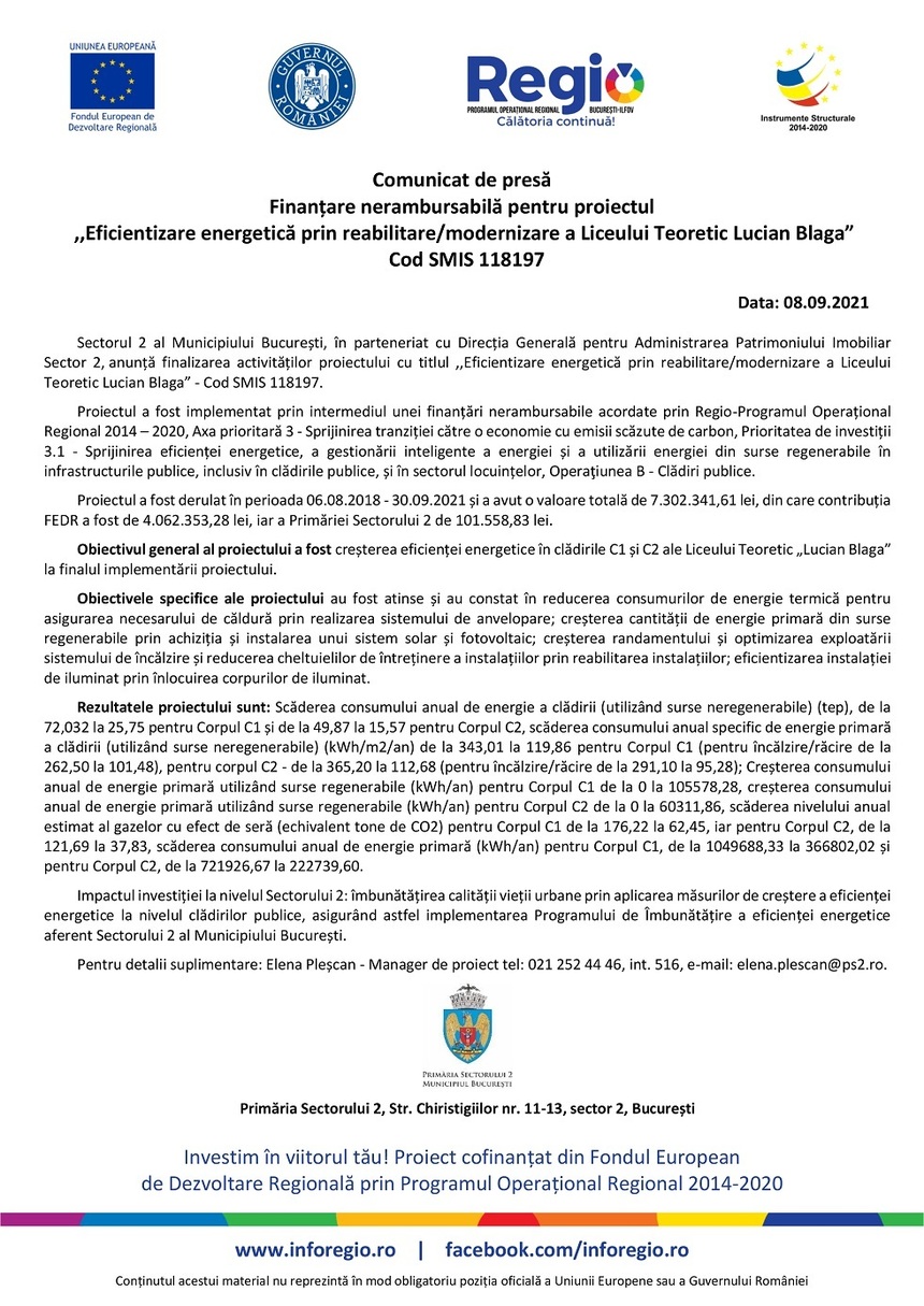 COMUNICAT DE PRESĂ: Finanţare nerambursabilă pentru proiectul ”Eficientizare energetică prin reabilitare/modernizarea Liceului Teoretic Lucian Blaga” Cod SMIS 118197