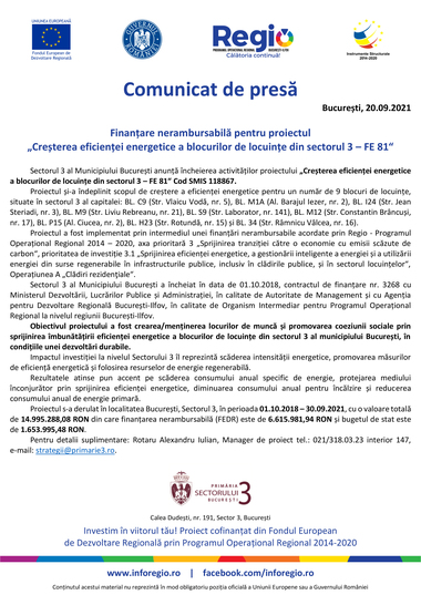 COMUNICAT DE PRESĂ: Finanţare nerambursabilă pentru proiectul ”Creşterea eficienţei energetice a blocurilor de locuinţe din sectorul 3 - FE 81”