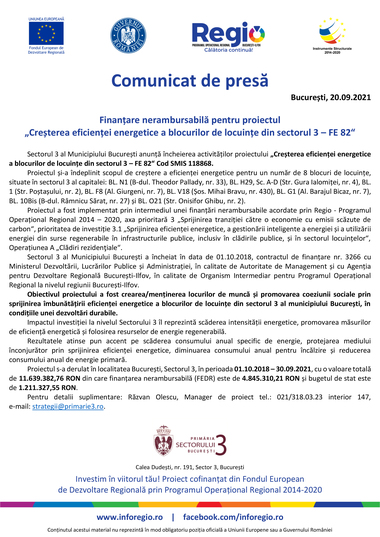 COMUNICAT DE PRESĂ: Finanţare nerambursabilă pentru proiectul ”Creşterea eficienţei energetice a blocurilor de locuinţe din sectorul 3 - FE 82”