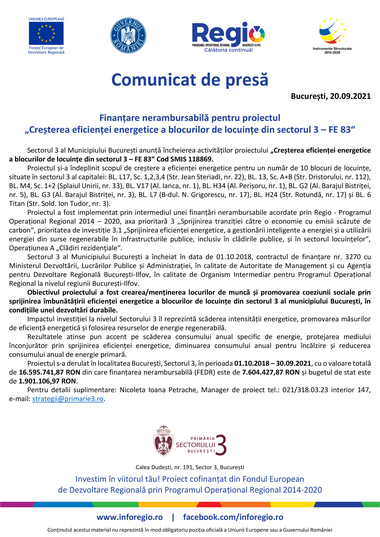 COMUNICAT DE PRESĂ: Finanţare nerambursabilă pentru proiectul ”Creşterea eficienţei energetice a blocurilor de locuinţe din sectorul 3 - FE 83”