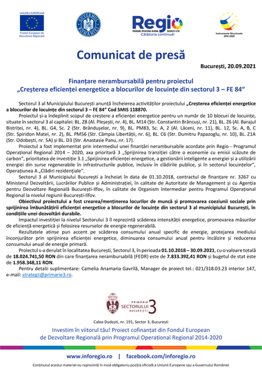 COMUNICAT DE PRESĂ: Finanţare nerambursabilă pentru proiectul ”Creşterea eficienţei energetice a blocurilor de locuinţe din sectorul 3 - FE 84”