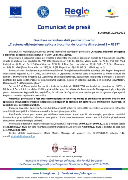 COMUNICAT DE PRESĂ: Finanţare nerambursabilă pentru proiectul ”Creşterea eficienţei energetice a blocurilor de locuinţe din sectorul 3 - FE 87”