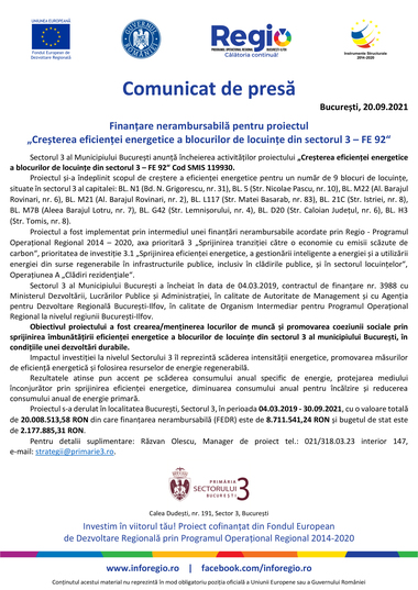 COMUNICAT DE PRESĂ: Finanţare nerambursabilă pentru proiectul ”Creşterea eficienţei energetice a blocurilor de locuinţe din sectorul 3 - FE 92”