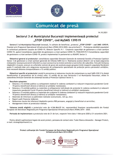 COMUNICAT DE PRESĂ: Sectorul 3 al Municipiului Bucureşti implementează proiectul ”STOP COVID”, cod MySMIS 139519