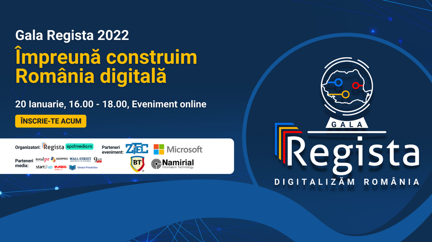 Regista organizează pe 20 ianuarie 2022 Gala Regista, prima Gală de premiere a primăriilor şi instituţiilor digitalizate din România