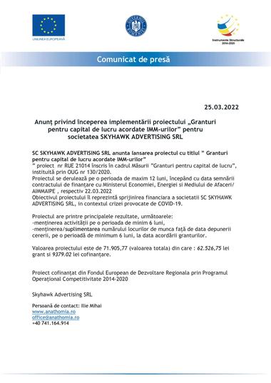 Anunţ privind începerea implementării proiectului „Granturi pentru capital de lucru acordate IMM-urilor” pentru societatea SKYHAWK ADVERTISING SRL