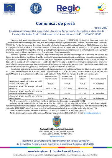 Finalizarea implementării proiectului ”Creşterea Performanţei Energetice a blocurilor de locuinţe din Sector 6 prin reabilitarea termică a acestora - Lot 4”, cod SMIS 117368