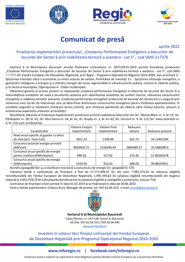 Finalizarea implementării proiectului: ”Creşterea Performanţei Energetice a blocurilor de locuinţe din Sector 6 prin reabilitarea termică a acestora - Lot 5”, cod SMIS 117376