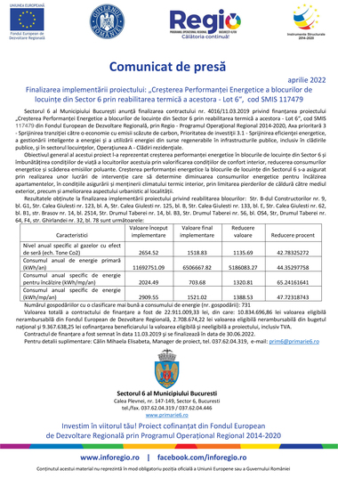 Finalizarea implementării proiectului: ”Creşterea Performanţei Energetice a blocurilor de locuinţe din Sector 6 prin reabilitarea termică a acestora - Lot 6”, cod SMIS 117479
