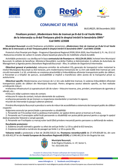 Finalizare proiect „Modernizare linie de tramvai pe B-dul G-ral Vasile Milea de la intersecţia cu B-dul Timişoara până în dreptul intrării în benzinăria OMV“ Cod SMIS 123508