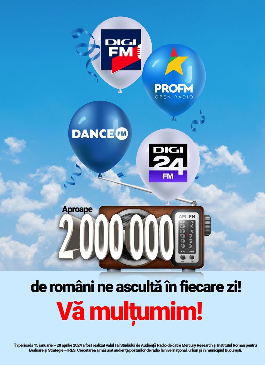 The only way is up! Aproape 2 milioane de ascultători la nivel naţional pentru posturile Digi FM, PRO FM, Dance FM şi Digi24 FM