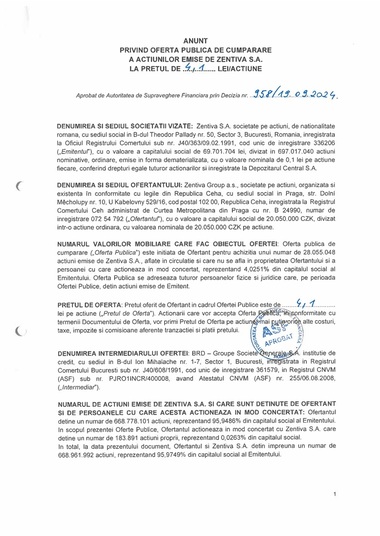Anunţ privind oferta publică de cumpărare a acţiunilor emise de Zentiva SA la preţul de 4,1 lei/acţiune