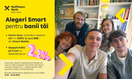 Soluţii de economisire cu dobânzi atractive, schimburi valutare fără limită de sumă şi Smart Hour la cursul BNR, direct în aplicaţia de mobile banking a Raiffeisen Bank 