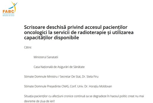 Scrisoare deschisă privind accesul pacienţilor oncologici la servicii de radioterapie şi utilizarea capacităţilor disponibile