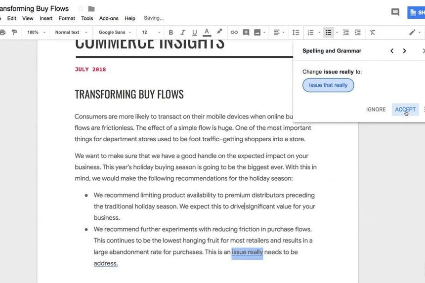 Inteligenţa artificială verifică gramatica în Google Docs