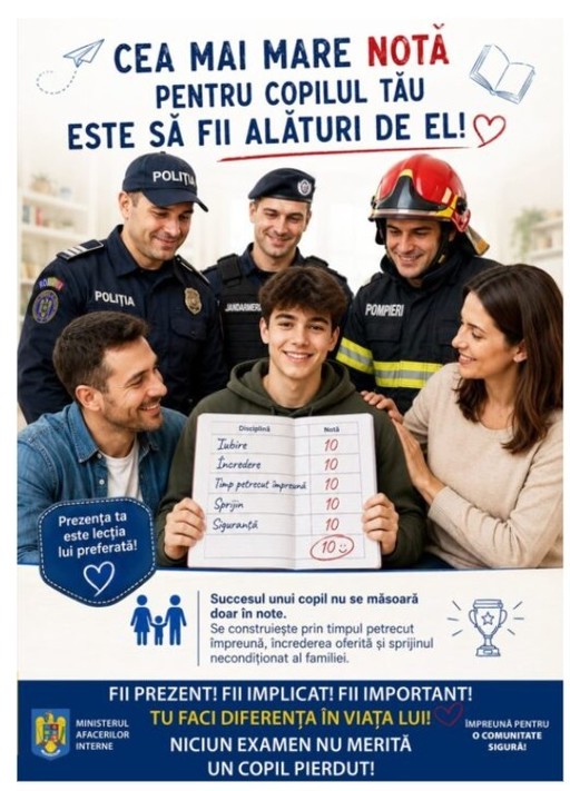 Campanie MAI „Niciun examen nu merită un copil pierdut. Cea mai mare notă este să ştie că eşti alături de el!”: Apel către părinţi, profesori şi comunitate să acorde mai multă atenţie siguranţei şi sprijinului oferit copiilor în perioada examenelor