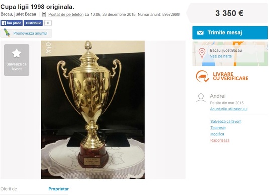 Istoria fotbalului românesc se vinde pe un site de anunţuri! 3.350 de euro pe cel mai important trofeu al clubului