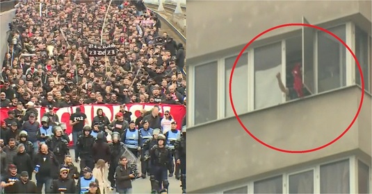 VIDEO | Apariţie fabuloasă la balconul unui bloc la trecerea miilor de fani dinamovişti! Atmosferă incendiară pe străzile din Bucureşti, înainte de derby 