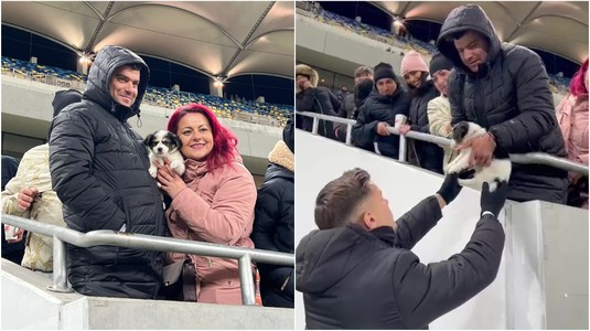 Un câine printre "câini". Suporterul dinamovist a intrat cu animalul de companie pe stadion şi i-a chemat la poze pe fotbaliştii lui Ovidiu Burcă | VIDEO