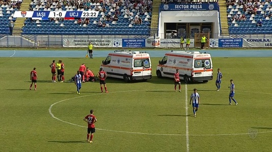 VIDEO | Panică în Copou. Două ambulanţe pe teren după ce un fotbalist al Iaşiului a căzut inert pe teren!