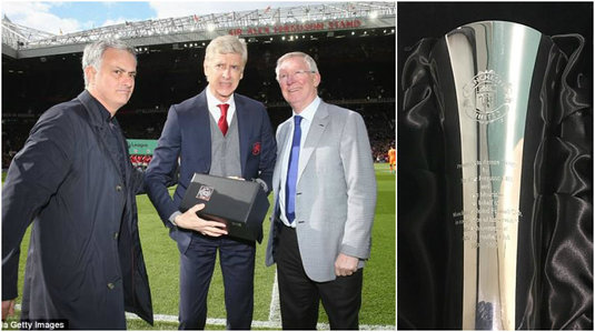 FOTO | Ce scrie pe cupa primită cadou de Arsene Wenger de la marii rivali Ferguson şi Mourinho, la ultimul meci pe Old Trafford