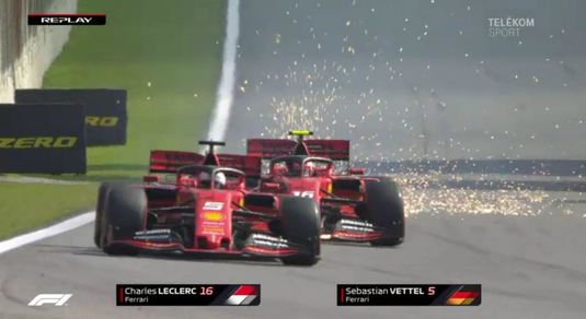 VIDEO Au ieşit scântei! Piloţii de la Ferrari s-au eliminat reciproc. Reacţia lui Sebastian Vettel
