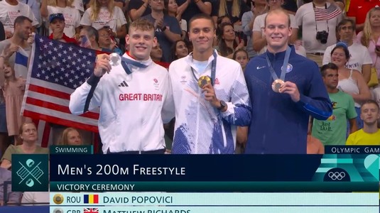 FOTO | David Popovici a fost premiat cu medalia de aur, la Jocurile Olimpice de la Paris. Campionul, cu lacrimi în ochi pe podium