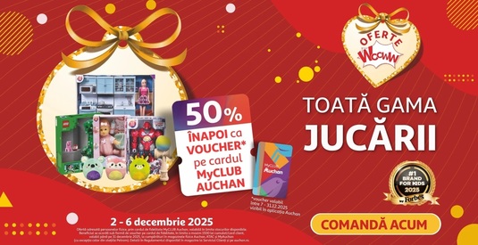 Până pe 6 decembrie, la toată gama de jucării din Auchan primeşti 50% bani înapoi sub formă de voucher pe cardul de fidelitate