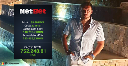 Câştig spectaculos la pariuri pe NetBet: 750.000 cu o miză de doar 160 de lei (P)