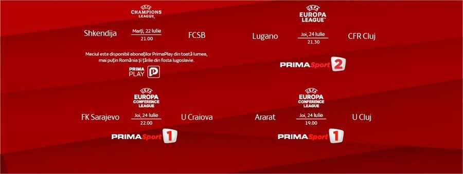 Prima Sport difuzează meciurile echipelor româneşti din Europa League şi Conference League