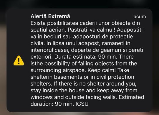 Mesaj RO-Alert despre posibilitatea căderii unor obiecte din spaţiul aerian în Tulcea şi Galaţi