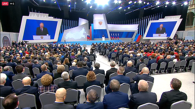 LIVE TEXT&VIDEO. Putin a ţinut un discurs record pe care l-a început cu o ameninţare: Adversarii Rusiei ar trebui să-şi amintească că deţinem arme capabile să lovească ţinte pe teritoriul lor. Niciun cuvânt despre Transnistria. 