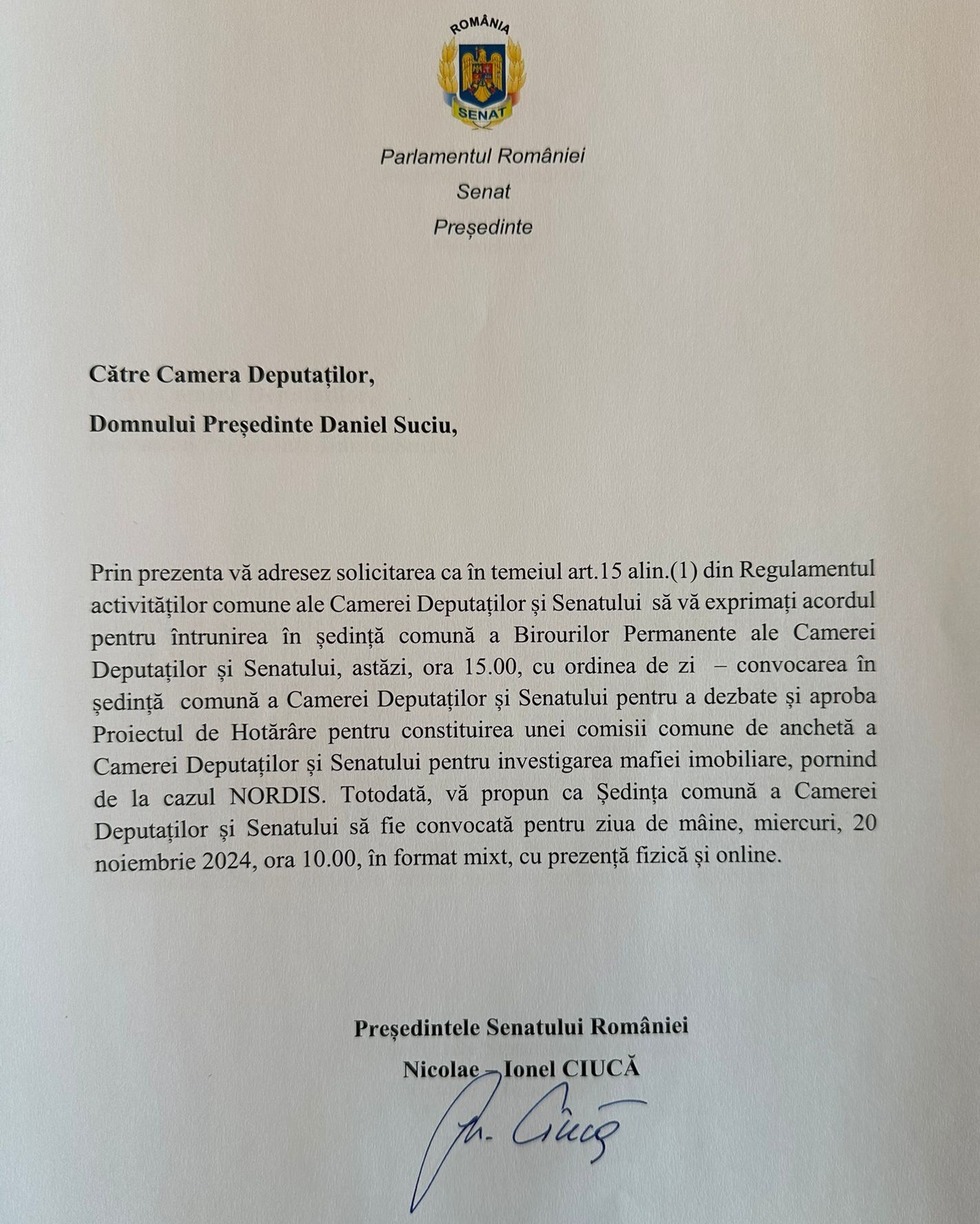 Nicolae Ciucă: Solicit Preşedintelui Camerei Deputaţilor convocarea de urgenţă a şedinţei comune pentru aprobarea comisiei de anchetă privind mafia imobiliară – cazul NORDIS