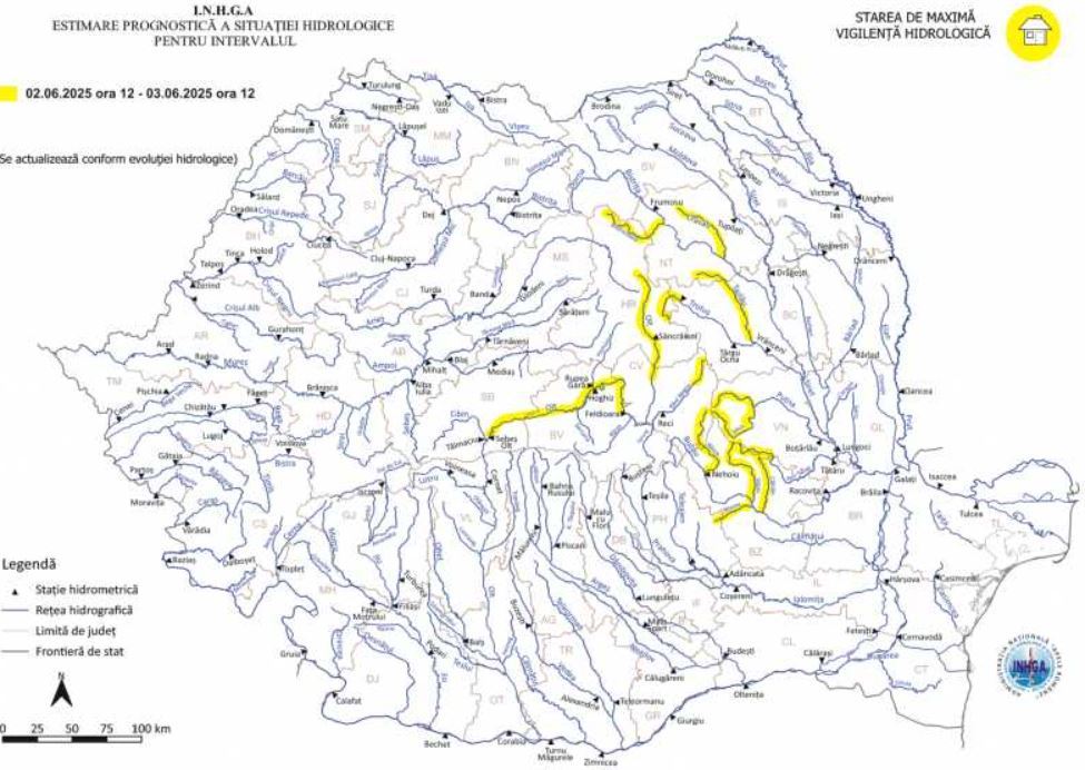 INHGA: Cod galben de inundaţii pe râuri din nouă judeţe, până marţi la prânz