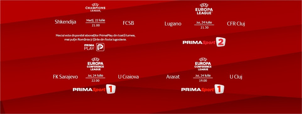 Prima Sport difuzează meciurile echipelor româneşti din Europa League şi Conference League