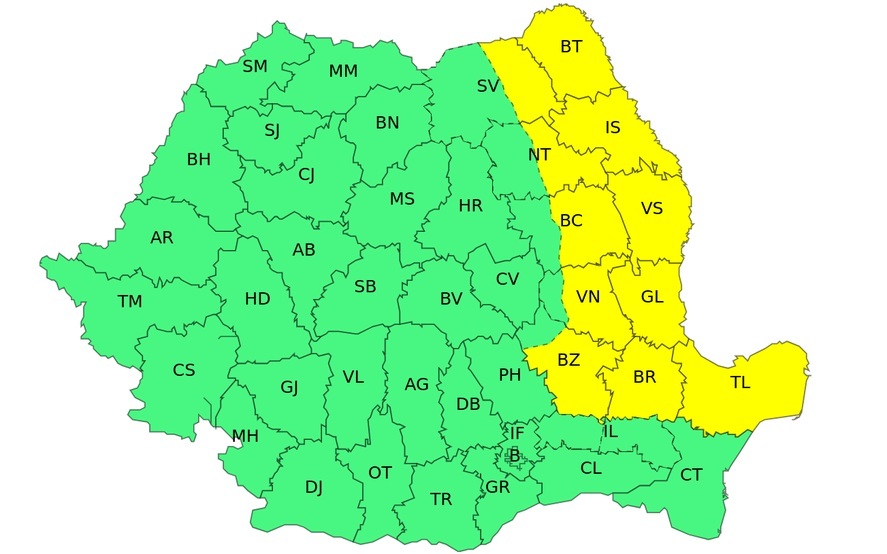 ANM anunţă ploi, vijelii şi grindină în mai multe judeţe din ţară. Zonele aflate sub atenţionare Cod galben