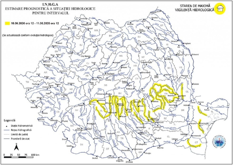 Cod galben de inundaţii pe râuri din 14 judeţe. Hidrologii avertizează asupra viiturilor şi creşterilor de debite