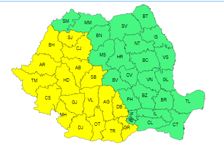 Cod galben de furtuni, în Oltenia, Banat, Crişana, vestul Transilvaniei şi al Munteniei. Vremea în Bucureşti