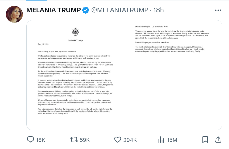 Prima reacţie publică a Melaniei Trump, după tentativa de asasinat asupra soţului ei. Ce spune fosta primă-doamnă