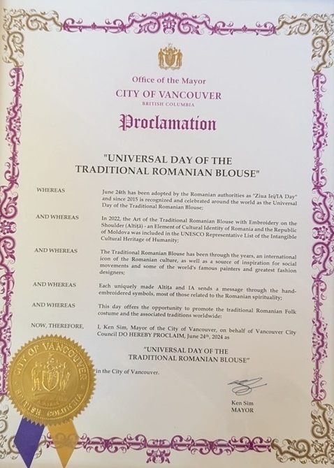 Primăria din Vancouver a recunoscut oficial Ziua Universală a Bluzei Tradiţionale Româneşti. Când va fi sărbătorită