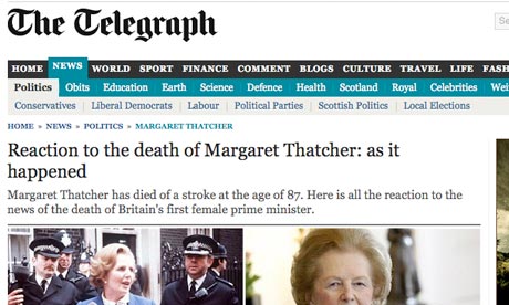 Telegraph front on Thatcher death