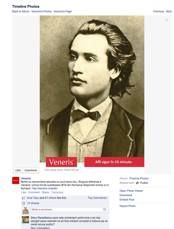 REACŢIE. ActiveWatch consideră iresponsabilă poziţia Ministerului Culturii faţă de reclama cu Eminescu la un test de boli venerice