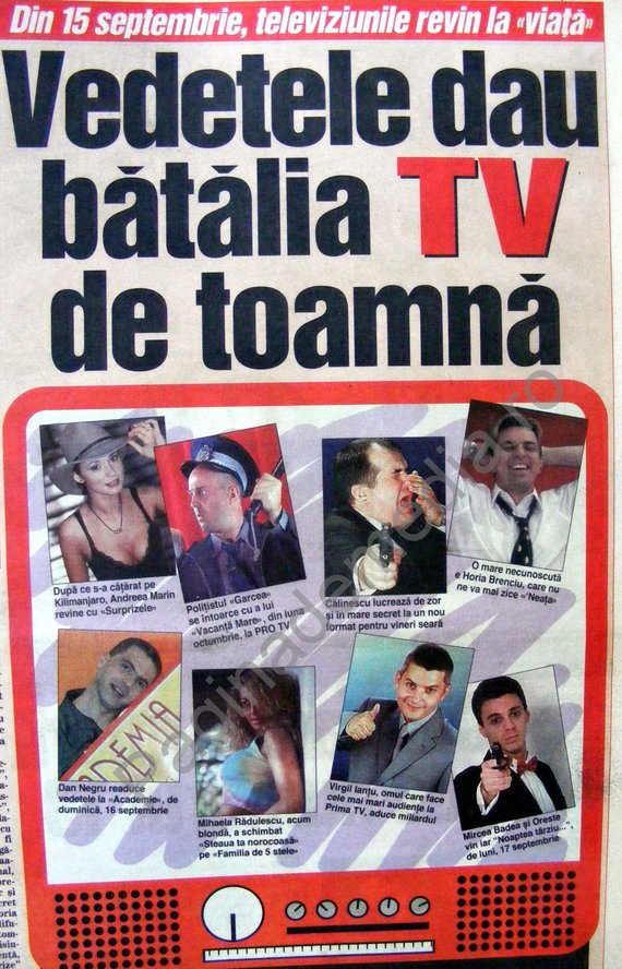 DIN ARHIVĂ. Grilele televiziunilor de-acum 13 ani: Brenciu, Badea şi Oreste, emisiuni la Antena 1, Mihaela Rădulescu, la Pro TV