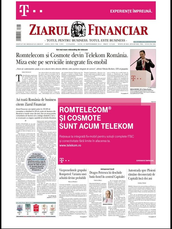 Mâine, cel mai mare tiraj din istoria Ziarulului Financiar: 150.000 de exemplare cu un proiect finanţat de Telekom