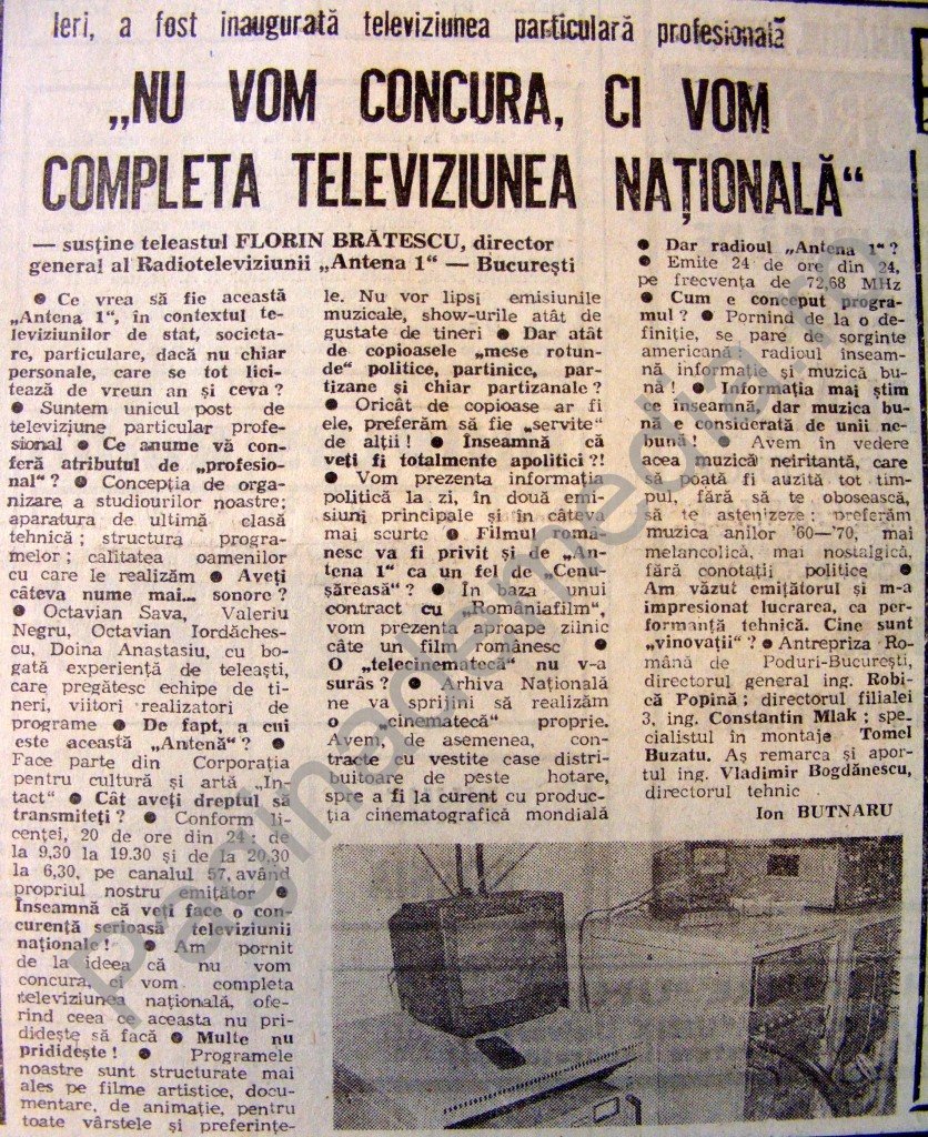 Primul interviu despre lansarea Antenei 1, realizat în decembrie 1993. Sursa foto: Paginademedia.ro