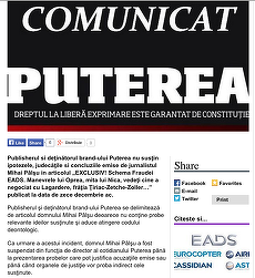 Publisherul Ziarului Puterea îl suspendă pe directorul publicaţiei, Mihai Pâlşu. Motivul - publisherul nu crede un articol scris de director
