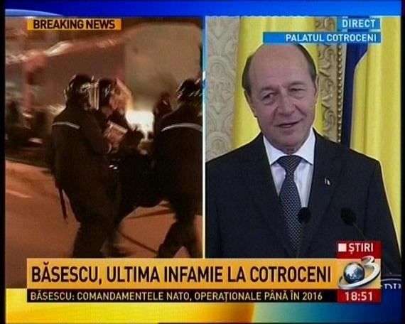 BURTIERĂ LA MINUT. Antena 3, mesaje dure la discursul lui Băsescu: „Ultima infamie la Cotroceni”, „Bilanţul a zece ani de sclavie”