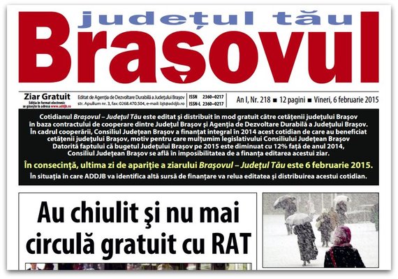 Cotidianul Braşovul - Judeţul tău, finanţat de Consiliul Judeţean, şi-a încetat apariţia